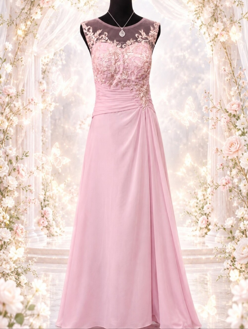 Elegant Pink Lace Appliqué Evening Dress